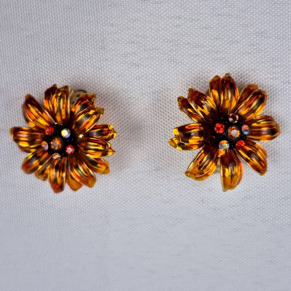 Joan Rivers Vtg 90s Orange Chrysanthemum Brooch & Clip Earrings Rhinestone - Picture 6 of 10